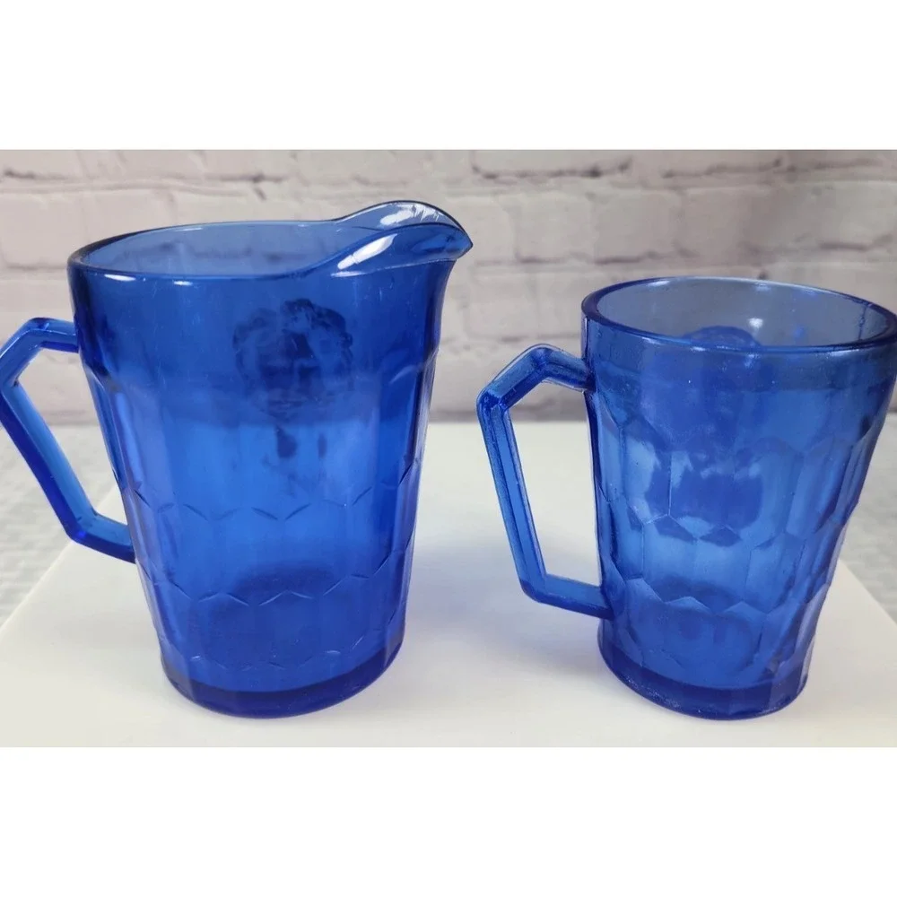 2 Cobalt Blue Depression Glass Pitcher Creamer Shirley Temple Image Hazel Atlas